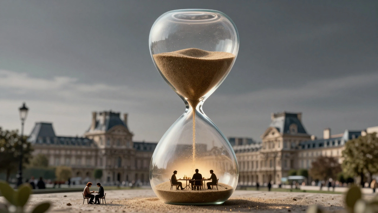 A transparent hourglass above Paris, with sand forming silhouettes of people connecting in public spaces.