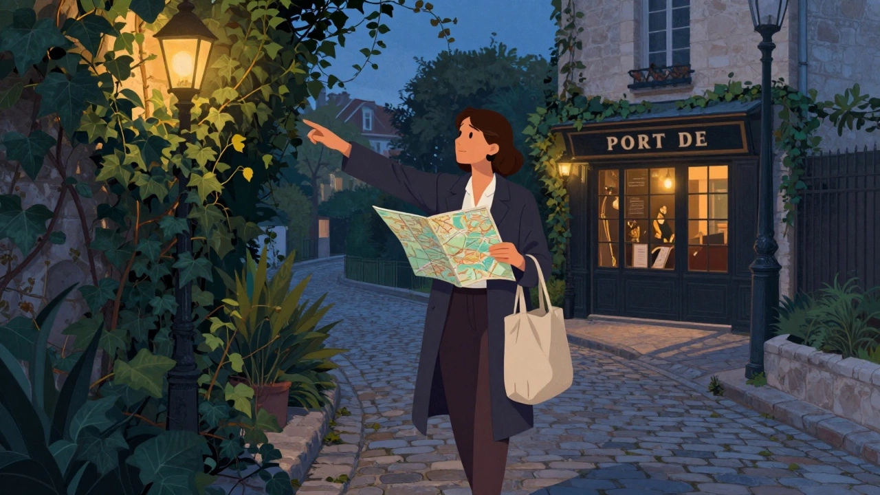 A woman guiding through Montmartre&#039;s hidden gardens at dusk, holding a map and smiling warmly.