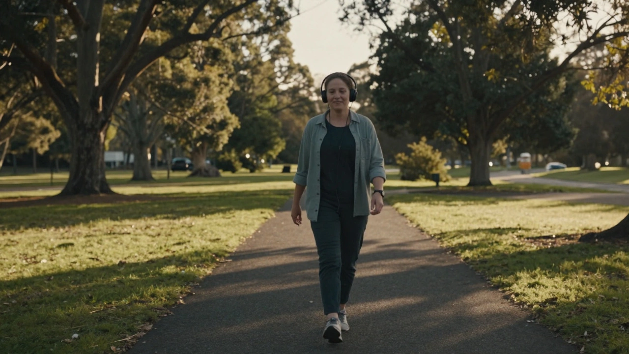 Someone walking peacefully through a sunlit park at dawn, arms swinging, no fitness gear in sight.
